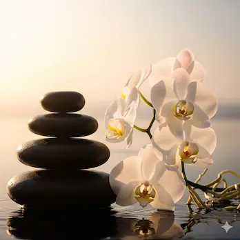 Wellness und Balance für Körper und Geist Eine harmonische Anordnung aus aufeinandergestapelten, glatten schwarzen Basaltsteinen neben einer blühenden weißen Orchidee vor einem sanft beleuchteten, ruhigen Hintergrund mit Wasserakzenten.