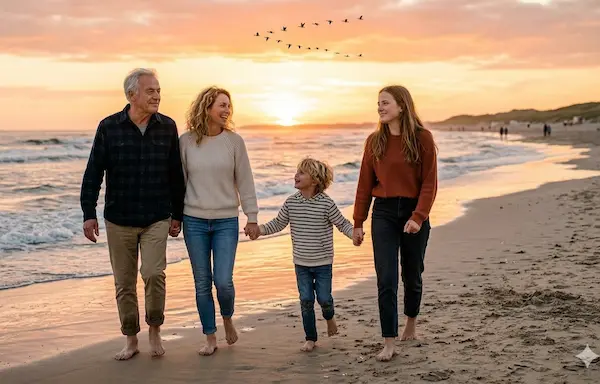 Wohlbefinden durch soziale Kontakte und Gemeinschaft Eine vierköpfige Gruppe, bestehend aus einem älteren Mann, einer Frau, einem kleinen Jungen und einer jungen Frau, geht barfuß und händchenhaltend an einem Sandstrand entlang. Im Hintergrund ist ein farbenfroher Sonnenuntergang über dem Meer zu sehen, während eine Formation von Vögeln am Himmel fliegt. Wir sind ein Team von passionierten Gesundheitsenthusiasten, die sich der Aufklärung und Inspiration verschrieben haben.