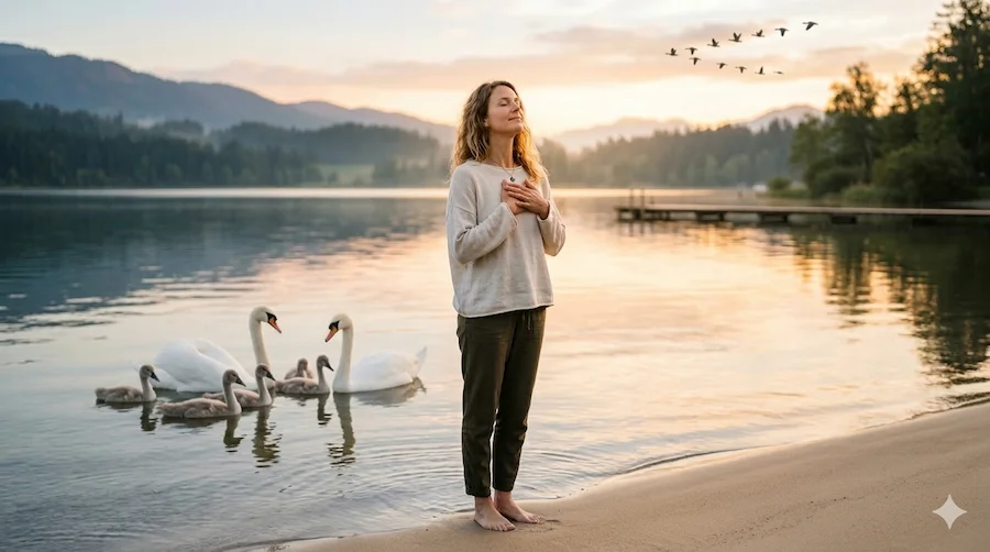 Wohlbefinden und körperliche Gesundheit im Einklang Eine Frau steht barfuß am sandigen Ufer eines ruhigen Bergsees bei Sonnenuntergang, die Hände sanft auf ihr Herz gelegt und die Augen geschlossen. Neben ihr schwimmt eine Schwanenfamilie im Wasser, während im Hintergrund Zugvögel über die bewaldeten Berge fliegen. Wir sind ein Team von passionierten Gesundheitsenthusiasten, die sich der Aufklärung und Inspiration verschrieben haben.