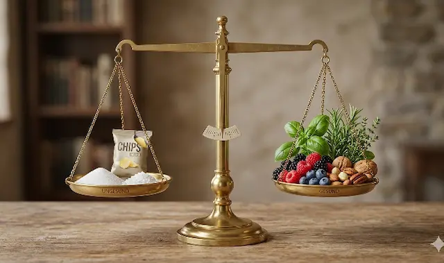 Eine goldene Waage auf einem Holztisch, die im Gleichgewicht steht. Auf der linken Waagschale (beschriftet mit „Ungesund“) liegen ein Haufen Zucker, Salz und eine Tüte Chips. Auf der rechten Seite („Gesund“) befinden sich frische Beeren, Nüsse und Kräuter. Entdecken Sie alles über gesunde Ernährung, Darmgesundheit, Nährstoffe und Ernährungsformen. Ihr umfassender Guide für ein vitales und ausgeglichenes Leben. Jetzt informieren!