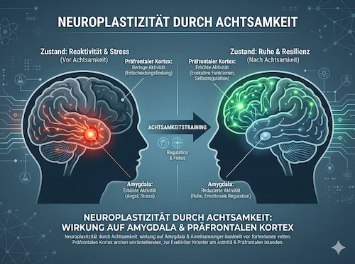 Infografik zum Vergleich zweier Gehirnzustände: Links eine hohe Amygdala-Aktivität bei Stress, rechts eine gestärkte präfrontale Kortex-Funktion durch Achtsamkeitstraining. Als Team von Gesundheitsenthusiasten zeigen wir hier visuell, wie Meditation die neuronale Struktur positiv verändert.