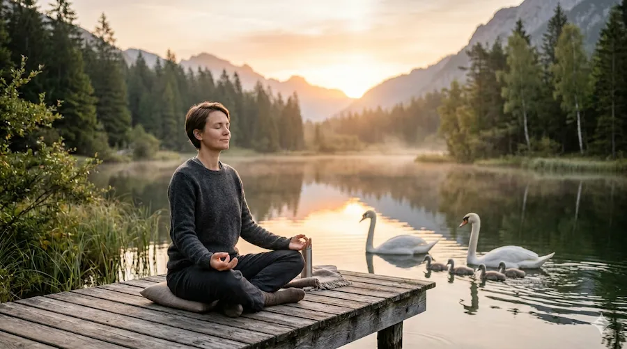 Eine Person meditiert im Schneidersitz auf einem Holzsteg an einem ruhigen Bergsee bei Sonnenaufgang, während Schwäne mit ihren Jungen vorbeischwimmen. Als Team von passionierten Gesundheitsenthusiasten nutzen wir diese kraftvolle Naturkulisse, um Sie zur Aufklärung und Inspiration über mentale Ruhe einzuladen.