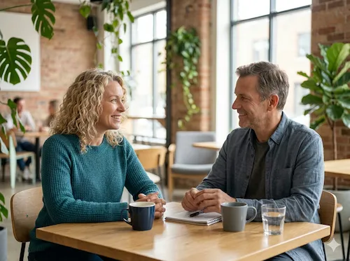 Ein Mann und eine Frau sitzen sich lächelnd an einem Cafétisch gegenüber und führen ein aufmerksames Gespräch; auf dem Tisch stehen Tassen und ein Notizblock. Als Team von passionierten Gesundheitsenthusiasten zeigen wir hiermit, wie bewusste Präsenz die Basis für eine inspirierende Kommunikation bildet.