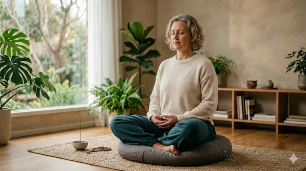 Eine Person sitzt mit geschlossenen Augen im Schneidersitz auf einem Meditationskissen in einem lichtdurchfluteten Raum mit Pflanzen. Als Team von passionierten Gesundheitsenthusiasten zeigen wir, wie diese stille Praxis hilft, die Akzeptanz gegenüber Schmerzempfindungen zu schulen.