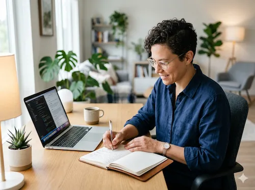 Eine lächelnde Person mit Brille schreibt konzentriert in ein Notizbuch an einem hellen Holzschreibtisch mit Laptop und Zimmerpflanzen im Hintergrund. Als Team von passionierten Gesundheitsenthusiasten zeigen wir hier, wie Achtsamkeit die tägliche Fokusarbeit inspiriert.