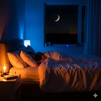 Gesunder Schlaf: Die Basis für Ihr Wohlbefinden Eine schlafende Person liegt entspannt in einem gemütlichen Bett mit weichen Kissen, während im Hintergrund ein sanfter Mondschein durch das Fenster fällt und eine friedliche Nachtruhe symbolisiert.
