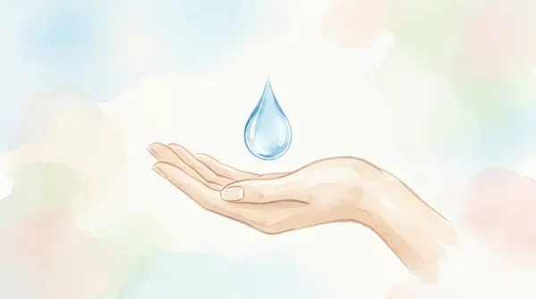 Eine Illustration einer geöffneten Handfläche, über der ein klarer blauer Wassertropfen schwebt. Als Team von Gesundheitsenthusiasten nutzen wir diese Symbolik der Reinheit und Ruhe, um Sie zu mehr Präsenz im Alltag zu inspirieren.
