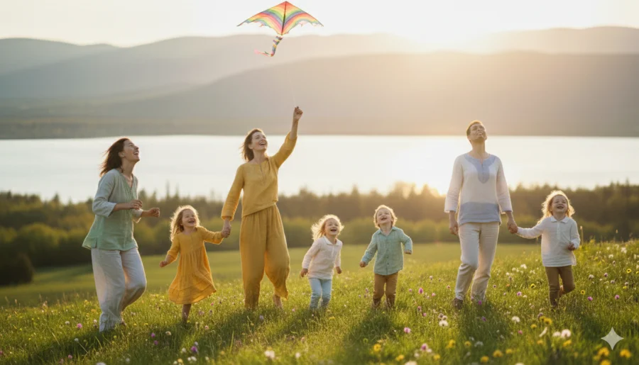 Drei Frauen und vier Kinder laufen fröhlich über eine sonnige Blumenwiese und lassen einen bunten Drachen steigen; ein Symbol für allgemeine Gesundheit, Prävention durch Bewegung an der frischen Luft und ein stressfreies Leben.