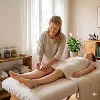 Eine Therapeutin führt eine Akupunktur-Behandlung am Bein einer Patientin durch, die entspannt auf einer Liege in einem hellen Raum mit Naturheilmitteln liegt. Wir sind ein Team von passionierten Gesundheitsenthusiasten, die sich der Aufklärung und Inspiration verschrieben haben, um sanfte Heilmethoden zugänglich zu machen.