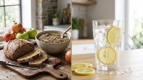 Ein zweigeteiltes Bild zeigt links ballaststoffreiche Lebensmittel wie Vollkornbrot, Äpfel und Linsen auf einem Holzbrett sowie rechts ein erfrischendes Glas Wasser mit Zitronenscheiben. Als Team von passionierten Gesundheitsenthusiasten verdeutlichen wir hier das Zusammenspiel von Hydration und Ballaststoffen für eine optimale Darmgesundheit.