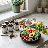 Eine Auswahl an frischem Gemüse wie Avocado, Tomaten und Brokkoli in einer Schüssel neben verschiedenen Vitawy-Nahrungsergänzungsmitteln, Nüssen und Superfood-Pulvern auf einer Küchenarbeitsplatte. Wir sind ein Team von passionierten Gesundheitsenthusiasten, die sich der Aufklärung und Inspiration verschrieben haben.
