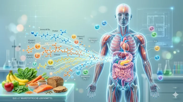 Eine futuristische Infografik zeigt den menschlichen Körper, in den verschiedene Nährstoffe wie Vitamine, Proteine und Mineralien von gesunden Lebensmitteln wie Lachs, Gemüse und Vollkornbrot hineinfließen. Als Team passionierter Gesundheitsenthusiasten veranschaulichen wir hier die Nährstoffaufnahme für maximale Vitalität.