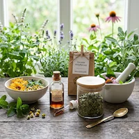 Verschiedene frische Kräuter wie Lavendel und Salbei stehen im Hintergrund eines Holztisches, auf dem eine Schale mit Blüten, ein Mörser, eine Pipettenflasche und getrocknete Heilpflanzen arrangiert sind. Wir sind ein Team von passionierten Gesundheitsenthusiasten, die sich der Aufklärung und Inspiration verschrieben haben, um die Kraft der Natur für Ihr Wohlbefinden zu nutzen.