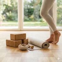 Eine Person in hellen Leggings steht barfuß auf einem Parkettboden neben Yoga-Zubehör wie Kork-Blöcken, einer zusammengerollten Matte und einer Schale mit einem Gurt. Wir sind ein Team von passionierten Gesundheitsenthusiasten, die sich der Aufklärung und Inspiration verschrieben haben, um Sie zu einem aktiven Lebensstil zu motivieren.