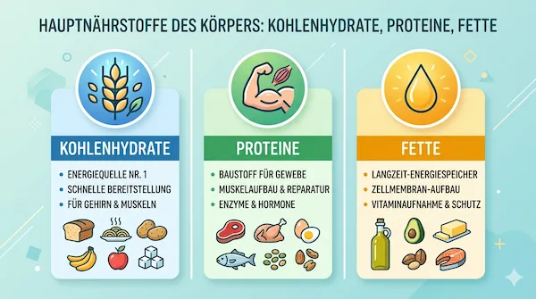 Ernährungswissenschaft verständlich erklärt: Eine übersichtliche Infografik zu den drei Hauptnährstoffen: Kohlenhydrate als Energiequelle (Brot, Obst), Proteine als Baustoff für Gewebe und Muskeln (Fleisch, Eier, Fisch) und Fette als Langzeit-Energiespeicher (Öl, Avocado, Nüsse). Als Team passionierter Gesundheitsenthusiasten klären wir hier über die essenziellen Funktionen für Ihren Körper auf.