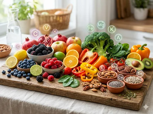 Ein reichhaltiges Arrangement aus frischem Obst, Gemüse, Nüssen und Samen auf einem Holzbrett, überlagert mit Symbolen für Vitamine und Mineralien wie Vitamin C, Magnesium und Eisen. Als Team von passionierten Gesundheitsenthusiasten zeigen wir hier die Vielfalt der Mikronährstoffe, die für Ihr Immunsystem und den Stoffwechsel unerlässlich sind.